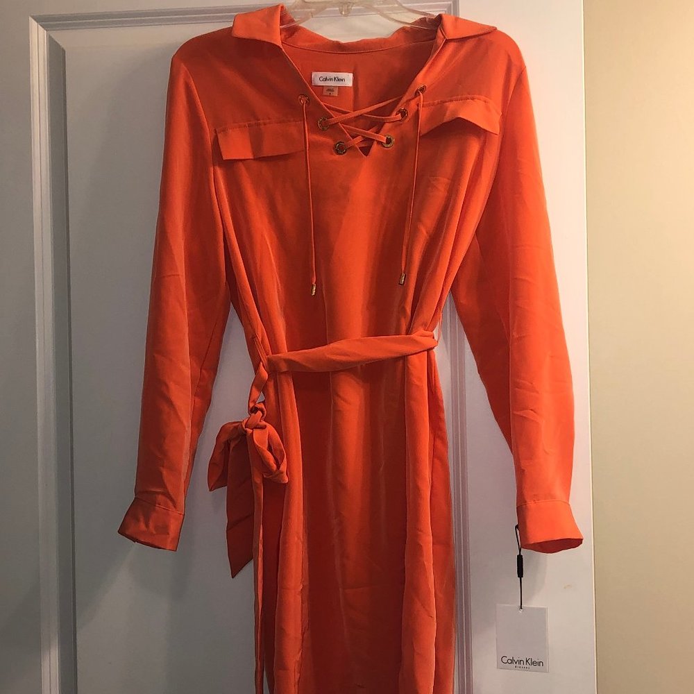 Calvin Klein tie waist long sleeve dress